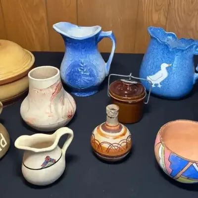 Antique Blue Stoneware Pitcher, Antique Egyptian Copper Vase, Native American Pottery And More