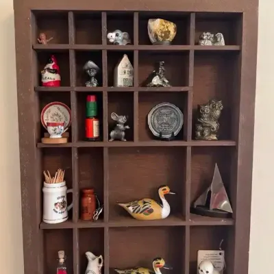 Wooden Wall Display Shelf with Miniature Figurines / Collectibles - 13”W × 16”H