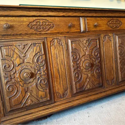 Vintage Carved Wood Buffet / Sideboard with Glass Top 60” W × 20” D × 34.5” H 