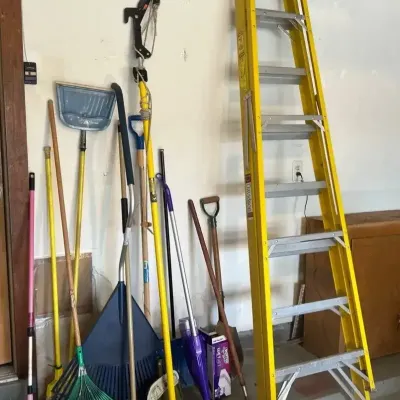 8 Ft Davidson Fiberglass Ladder, Tree Trimmer, Rakes, Shovels, Brooms And More