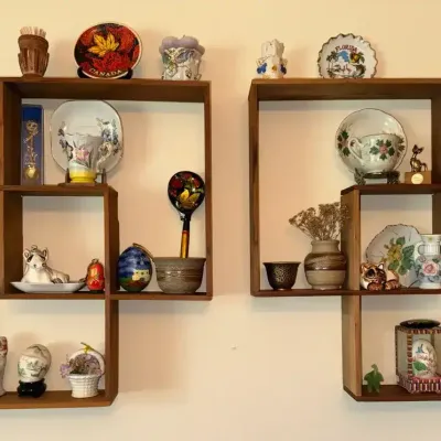 Pair of Wall-Mounted Display Shelves with Vintage Miniature Figurines / Collectibles