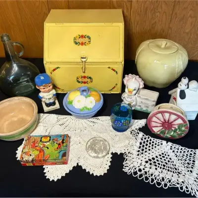 Vintage Items Bread Box, Wheel Planter From 1956, Cookie Jar, Nepee Duck, Crock And Much More