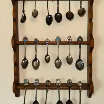 Vintage Souvenir Spoon Collection with Wooden Display Rack 12” wide x 15” tall