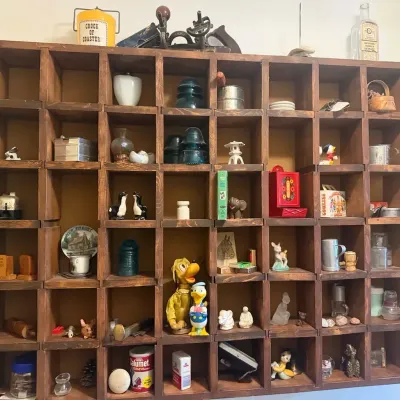 Wooden Shadow Box Display Shelf with Miniature Collectibles / Vintage Printer’s Tray