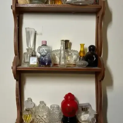 Vintage Miniature Perfume Bottle Collection with Wall Display Shelf 9” W X 20” L X 3” D