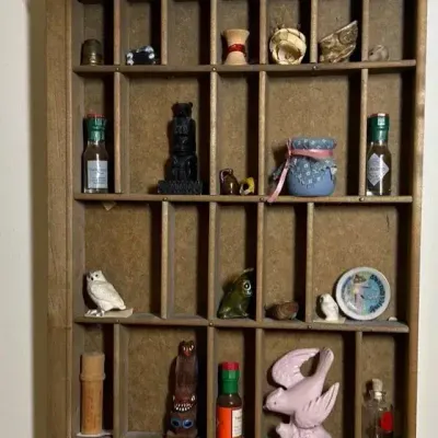 Shadow Box With Trinkets 11” W X 17” T X 1.5” D