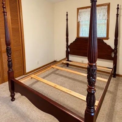 Queen Four Poster Bed Frame – Ornate Carved Wood – Standard 60 x 80 