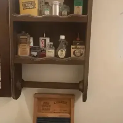 Vintage Bathroom Collection – Medicine Bottles, Washboard & Wall Shelf