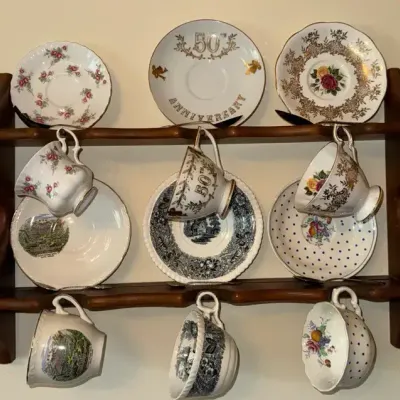 Vintage Teacup & Saucer Collection with Wooden Wall Display Rack