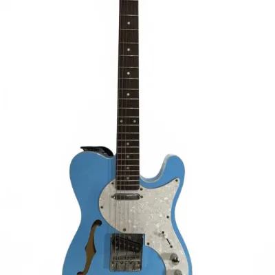 Fender Telecaster Thinline electric guitar in daphne blue with a pearloid pickguard, f-hole, and a red, white, and blue striped strap.