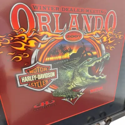 Framed Harley-Davidson 2007 Winter Dealer Meeting Orlando limited edition art print by Uhl Studios, featuring an alligator and flame...