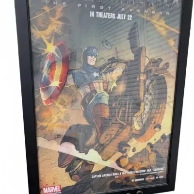 Framed promotional poster for Marvel Studios' "Captain America: The First Avenger" featuring comic-style artwork of...