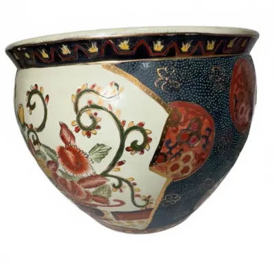 Vintage Chinese Satsuma style ceramic fishbowl planter, featuring hand-painted floral and geometric motifs with gold gilt accents.