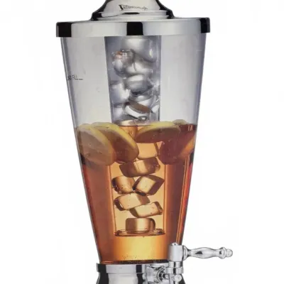 Harley-Davidson branded beverage dispenser featuring a chrome-finished base and lid, a central ice chamber, and a spigot.