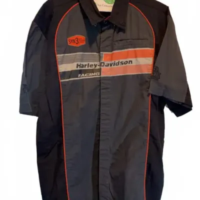 Harley-Davidson Racing short-sleeve button-up shirt in black and grey with orange piping and a SYN3 patch.