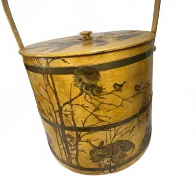 Vintage hand-painted wooden bucket with a lid and handle, featuring woodland scenes of a squirrel, birds, and deer.