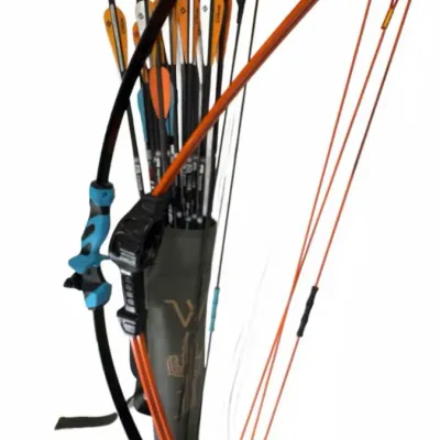 Modern compound bow with an orange and black frame, blue grip, and a quiver filled with arrows.