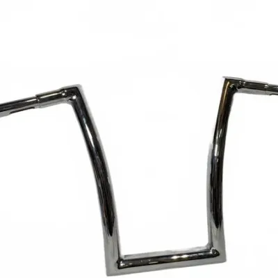 Chrome ape hanger motorcycle handlebars, showing a polished finish with black end caps.
