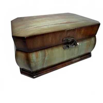 Vintage green alabaster or onyx jewelry box with a hinged lid, dark brown trim, and a metal clasp.