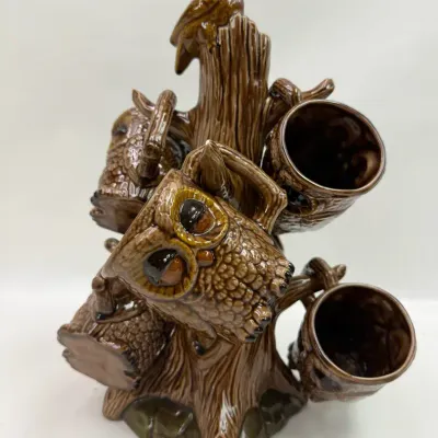 Vintage Ceramic Owl Mug Set – 6 Owl Cups w/ Tree Display Stand Brown Woodland Décor