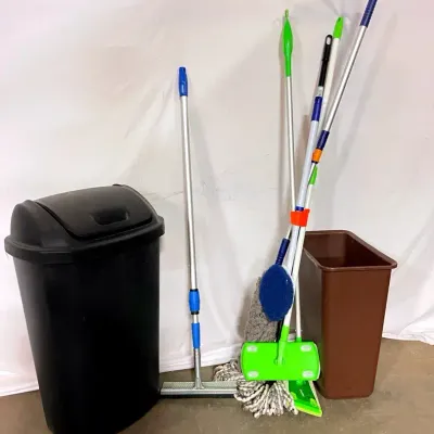 Cleaning Supplies and Trash Cans
