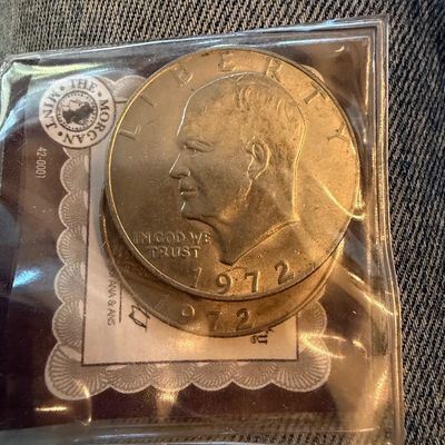 Sale Photo Thumbnail #215: Two 1972 Eisenhower dollar coins, housed together in a protective plastic sleeve with a Morgan Mint insert.
