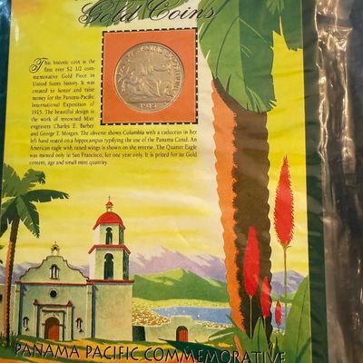 Sale Photo Thumbnail #222: Panama-Pacific Commemorative $2 1/2 Gold Piece 1915 coin display card, featuring historical information and colorful illustration of a Spanish mission.