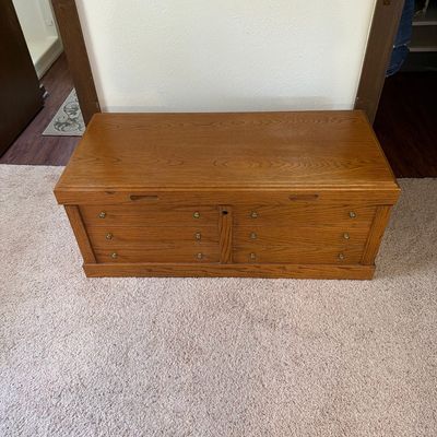 Vintage Lane oak cedar chest with faux drawer fronts and brass hardware, showing light wear.