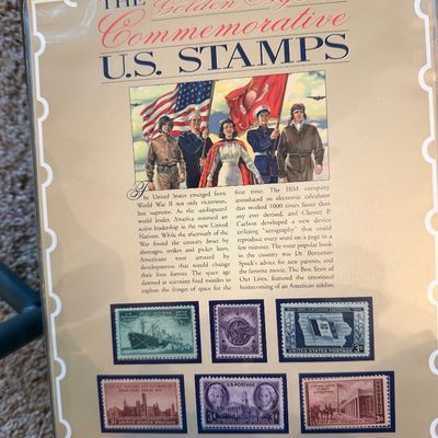 Sale Photo Thumbnail #270: "The Golden Age of Commemorative U.S. Stamps" collector's page featuring 1946 stamps, preserved in a protective plastic sleeve.