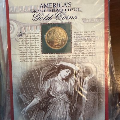 Sale Photo Thumbnail #225: America's Most Beautiful Gold Coins informational display card featuring the $20 Liberty Gold Piece (1850-1907), preserved in a plastic sleeve.