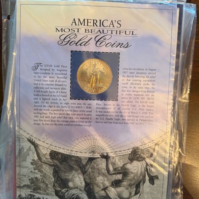 Sale Photo Thumbnail #226: America's Most Beautiful Gold Coins commemorative display card featuring a $20 Saint-Gaudens Gold Piece, sealed in a protective plastic sleeve.