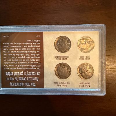 Sale Photo Thumbnail #241: Collectible Buffalo Nickel set in a protective plastic display case, featuring coins from the Philadelphia, San Francisco, and Denver mints.