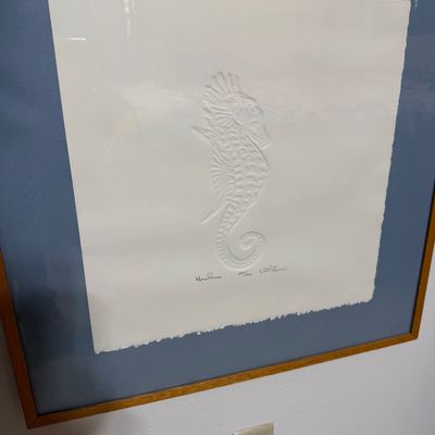 Framed embossed paper art piece titled "HorsePower" by LeFevre, numbered 209/310, featuring a detailed seahorse on deckled-edge...