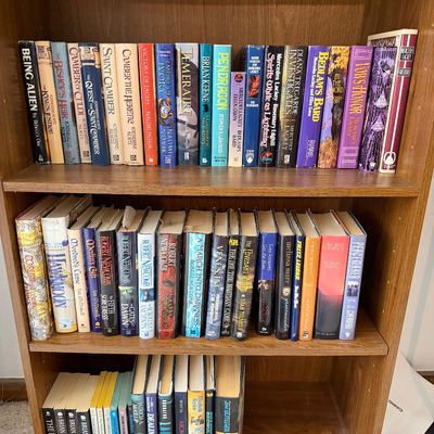 Three-shelf wooden bookcase filled with a collection of vintage and modern fantasy and science fiction paperback and hardcover books.