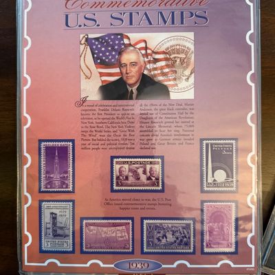Sale Photo Thumbnail #268: "The Golden Age of Commemorative U.S. Stamps" collector's panel featuring 1939 issues, including a portrait of Franklin D. Roosevelt and historical context.