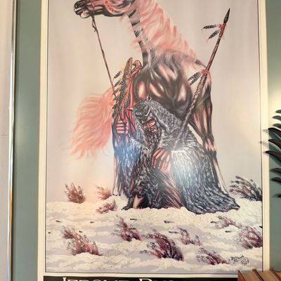 Sale Photo Thumbnail #117: Framed Jerome Bushyhead exhibition poster for a one-man show at Rose Rock Gallery, depicting a Native American warrior and horse in the snow.
