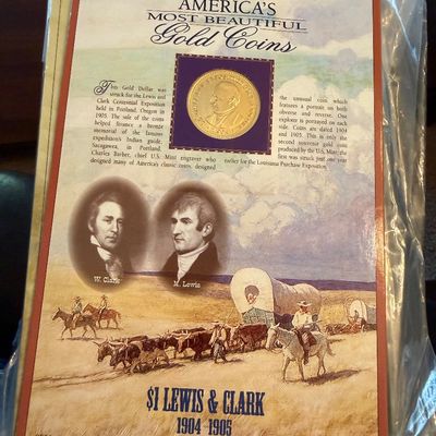 Sale Photo Thumbnail #223: Lewis & Clark Exposition gold dollar commemorative coin display card, featuring historical illustrations and information about the 1904-1905 issue.