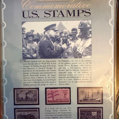Sale Photo Thumbnail #266: "The Golden Age of Commemorative U.S. Stamps" collector's panel featuring 1944 stamps, historical text, and a photograph of General Dwight D. Eisenhower.