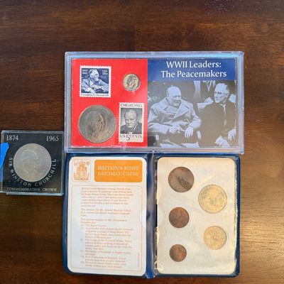 Sale Photo Thumbnail #245: Collection of historical coin and stamp sets, including a "WWII Leaders: The Peacemakers" set featuring Churchill and Roosevelt, a 1965 Sir Winston Churchill commemorative crown, and a "Britain's First Decimal Coins" set.