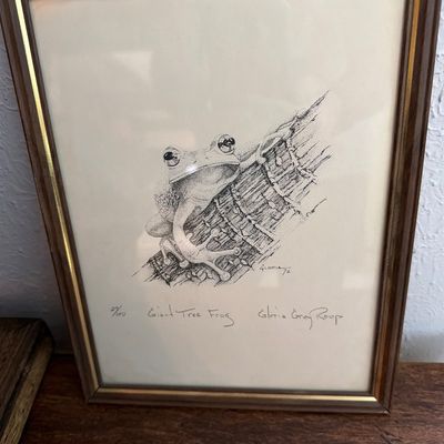 Sale Photo Thumbnail #175: Framed and signed limited edition print titled "Giant Tree Frog" by Gloria Gray Roop, numbered 29/100 and dated 1972.