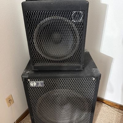 Sale Photo Thumbnail #182: SWR Workingman's Twelve integrated bass amplifier stacked on top of an SWR Big Ben subwoofer cabinet.