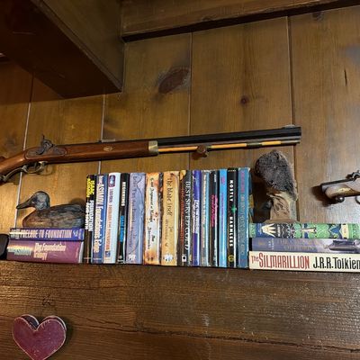 Sale Photo Thumbnail #158: Collection of science fiction and fantasy novels, including works by Isaac Asimov, Joe Abercrombie, Douglas Adams, and J.R.R. Tolkien, displayed on a wooden shelf alongside decorative replica firearms and a duck decoy.