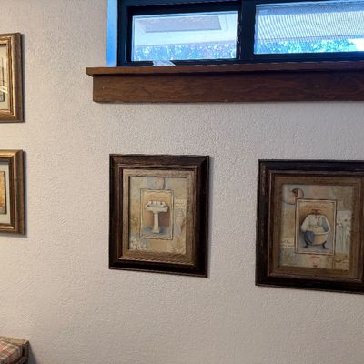 Sale Photo Thumbnail #121: Set of four framed bathroom-themed art prints in ornate wooden frames.