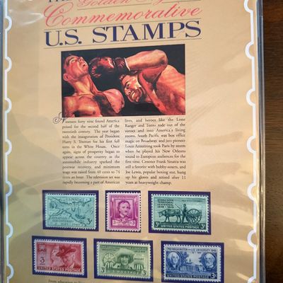 Sale Photo Thumbnail #269: "The Golden Age of Commemorative U.S. Stamps" collector's panel featuring six 1949 stamps, historical text, and an illustration of a boxing match, preserved in a plastic sleeve.