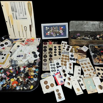 Sale Photo Thumbnail #357: A Collection of Vintage and Antique Buttons, Button Hooks, and Mending Supplies