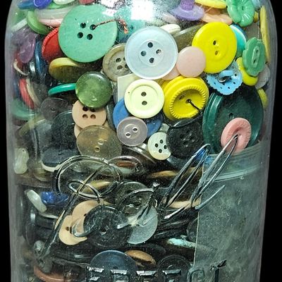 Sale Photo Thumbnail #345: A Collection of Assorted Buttons and Sewing Notions in a Ball Perfect Mason Jar