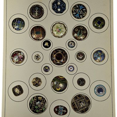 Sale Photo Thumbnail #108: An Assortment of Antique and Vintage Enamel and Jeweled Buttons Mounted on Display Card