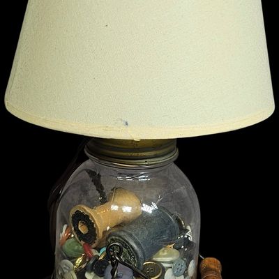 Sale Photo Thumbnail #365: Table Lamp with Wire-Caged Glass Jar Base Filled with Vintage Sewing Notions
