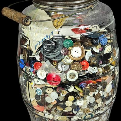 Sale Photo Thumbnail #371: Large Assortment of Vintage Sewing Buttons in Ribbed Glass Barrel Jar