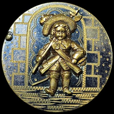 Large Decorative Brass Finished Multi Layered Picture Button Featuring a Renaissance Style Figure